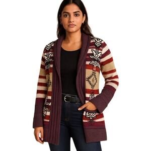 BCBG Max Azria Boho Southwest Cardigan Sweater Size L Purple Rust Cream